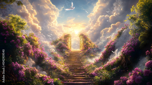 A Heavenly Ascent: An Idyllic Scene of Purple Roses, Soaring Doves, and a Stunning Golden Stairway