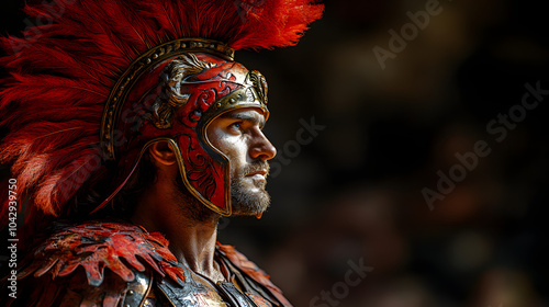 Famed Greek Hero Achilles in Vibrant Crimson Armor with an Eye-Catching Red Lion Sigil Ready for Battle photo