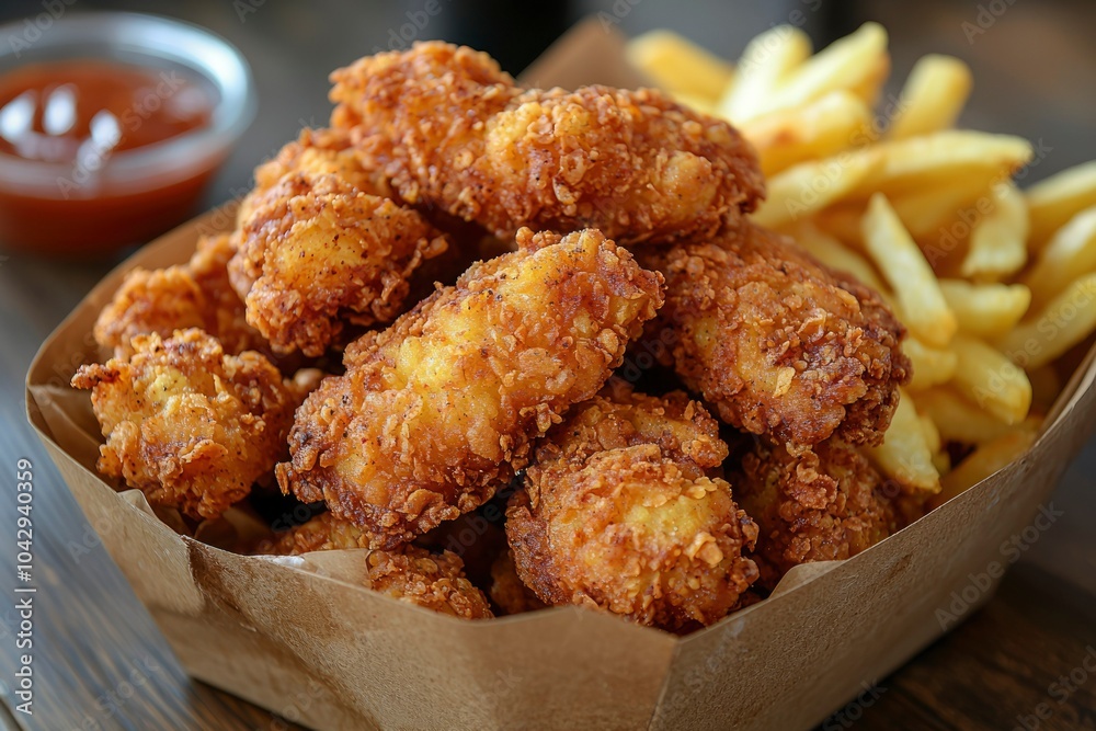 Crispy Fried Chicken Nuggets and French Fries in a Paper Box Crispy Fried Chicken Nuggets and French Fries in a Paper Box