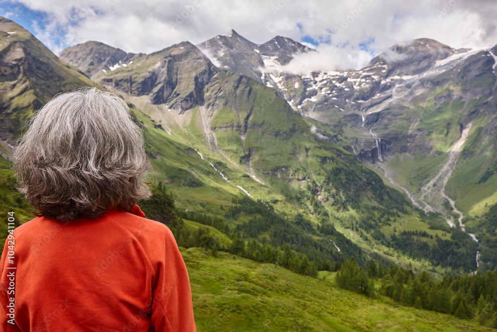 Grossglockner. Serpentine alpine road viewpoint. Green forest and waterfall. Austria