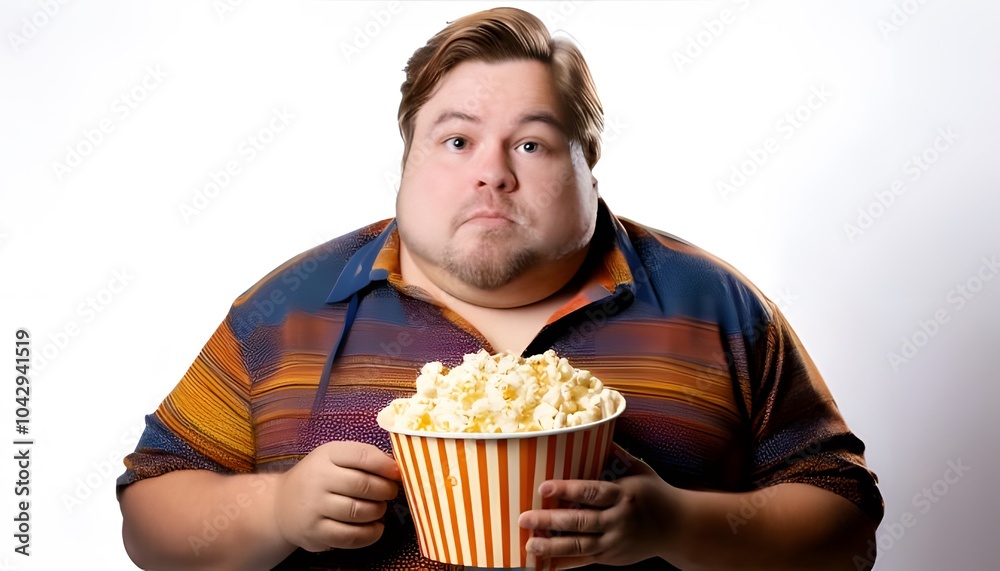 Funny fat man eating popcorn on white background Funny fat man eating popcorn on white background