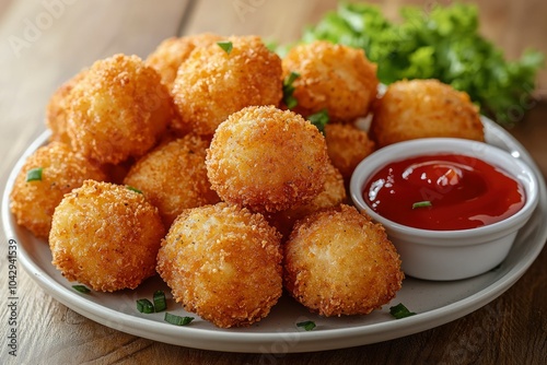 Crispy Fried Potato Balls with Ketchup and Green Onions