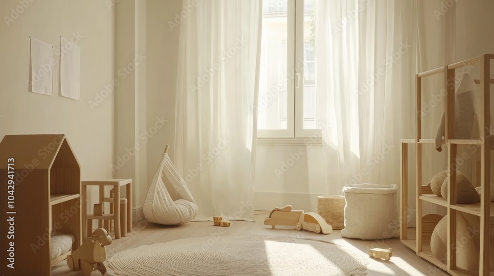 A minimalist and bright playroom with wooden toys, a hanging chair, a window with white curtains and natural light. A minimalist and bright playroom with wooden toys, a hanging chair, a window with white curtains and natural light.