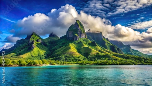 Lush and majestic mountain range in Motu Mahaea Taha?a, French Polynesia