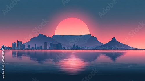 Silhouette of Table Mountain and Cape Town’s city skyline, featuring a soft pastel sunset gradient over the ocean, minimalist flat design, clean lines, simple geometry, muted tones, hd quality.