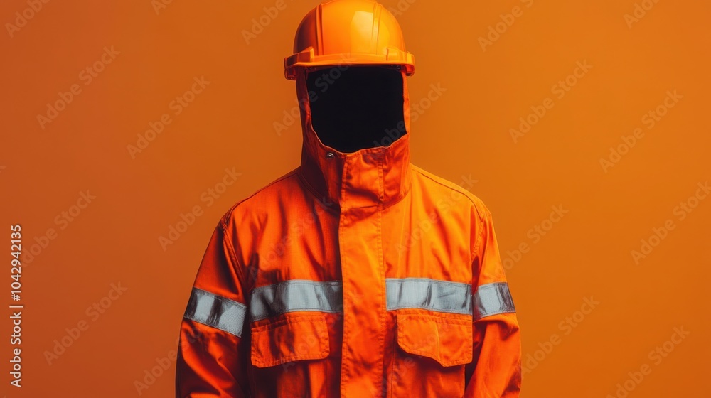 Fototapeta premium A bright orange construction workerâ€™s uniform with reflective strips, shown against a solid neutral background.