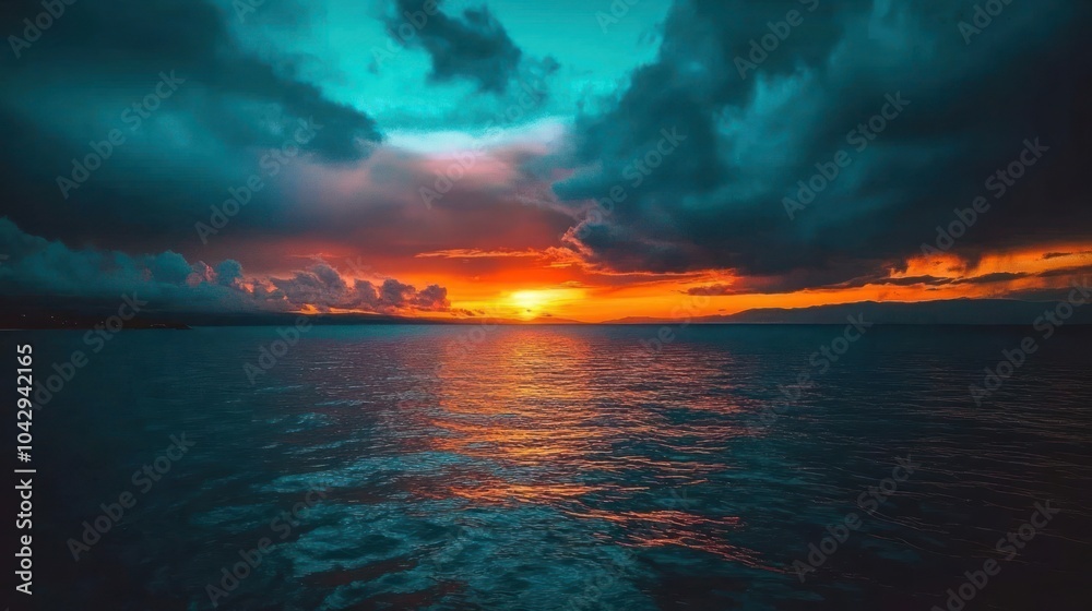 Fototapeta premium A vibrant sunset over the ocean, with dramatic clouds casting long shadows on the water.