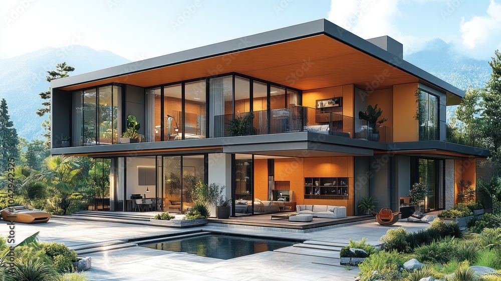 Fototapeta premium Modern architectural home with large windows and outdoor space.