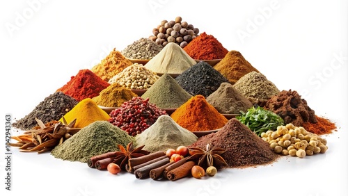 Fototapeta Naklejka Na Ścianę i Meble -  Different varieties of spices in piles isolated on white background