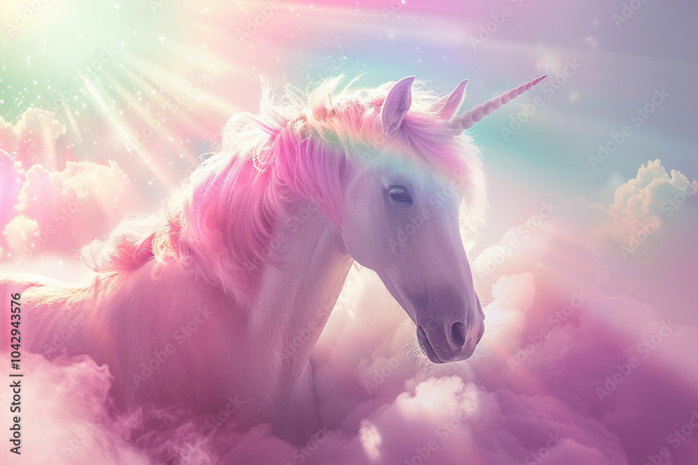 Naklejka premium Fantastically beautiful mythological pink unicorn with long horn