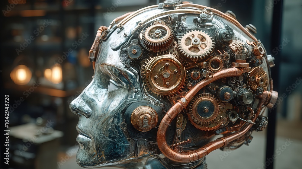 Obraz premium Industrial steampunk brain powered by visible gears and copper tubing 