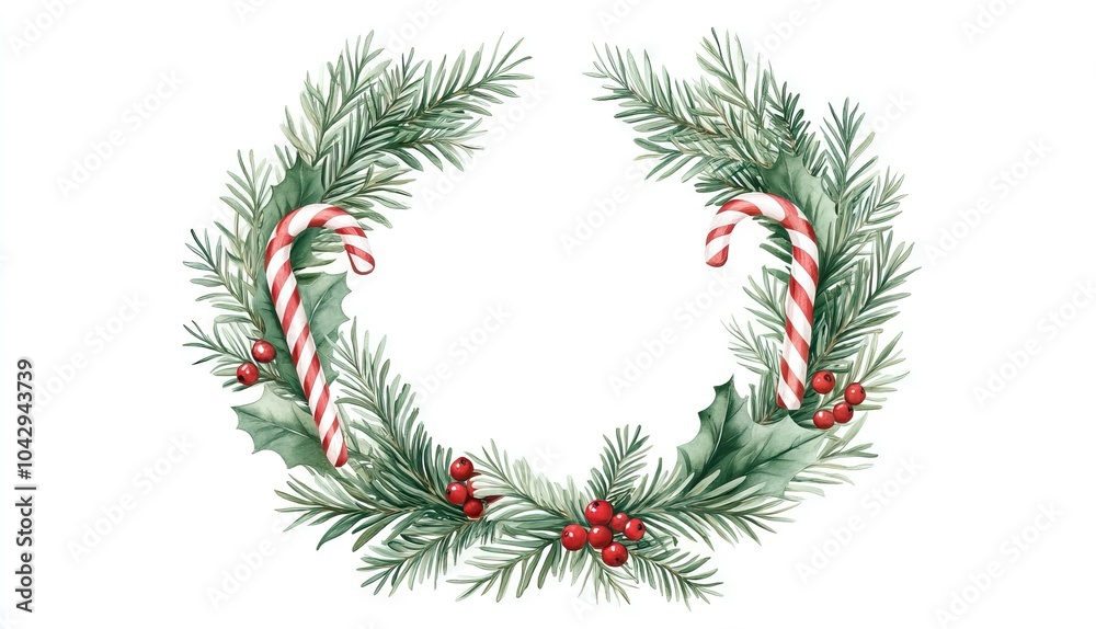 A festive holiday wreath adorned with evergreen branches, candy canes, and red berries, perfect for Christmas decorations. A festive holiday wreath adorned with evergreen branches, candy canes, and red berries, perfect for Christmas decorations.