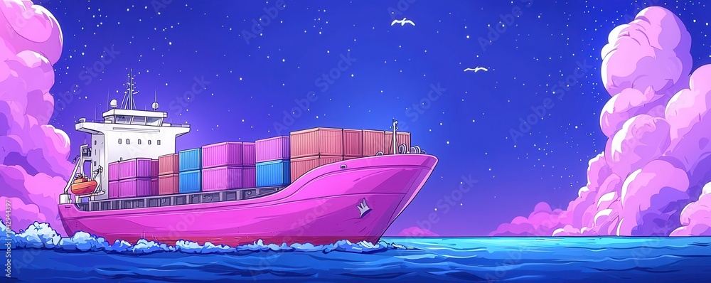 Obraz premium Colorful cargo ship sailing on vibrant ocean under a starry sky.