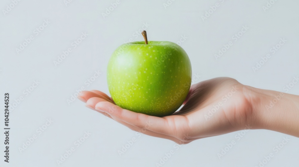 person’s hand holding a bright green apple, the smooth surface of the apple shining against a crisp white background person’s hand holding a bright green apple, the smooth surface of the apple shining against a crisp white background