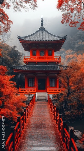 Beautiful Kyoto temple surrounded by red autumn leaves