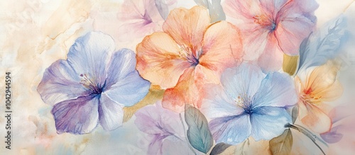  delicate watercolor flowers in pastel shades on textured paper, with intricate details of the petals and leaves