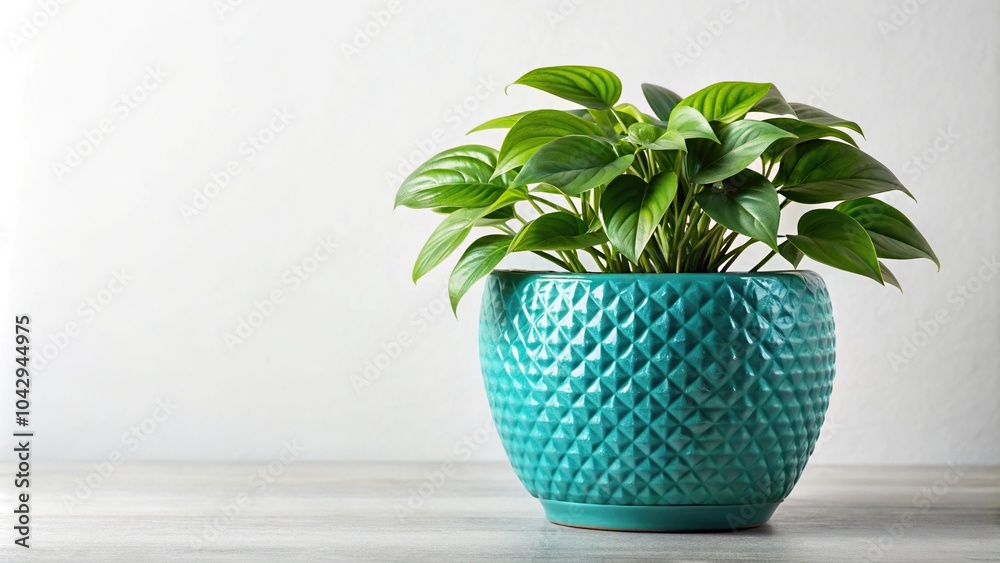 Lush green houseplant in textured turquoise ceramic pot Lush green houseplant in textured turquoise ceramic pot