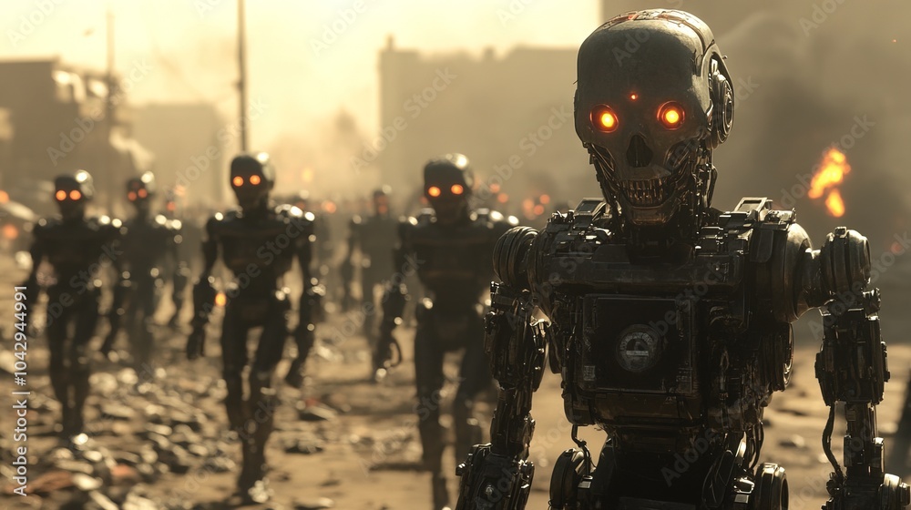 An army of evil robots in a post apocalyptic world An army of evil robots in a post apocalyptic world