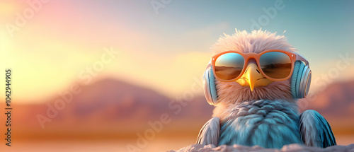 A colorful bird wearing sunglasses and headphones, enjoying a sunset by the beach, conveying a relaxed summer vibe.