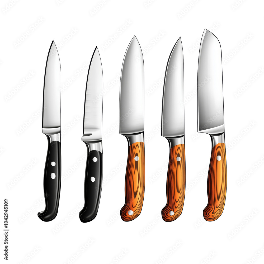 A set of minimalistic kitchen knives with smooth, wooden handles and clean stainless steel blades isolated on transparent background A set of minimalistic kitchen knives with smooth, wooden handles and clean stainless steel blades isolated on transparent background