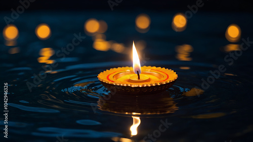 Diwali oil lamp Diya floating on water at night 