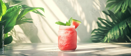 Refreshing watermelon smoothie in a glass jar garnished with mint leaves, surrounded by tropical greenery. photo