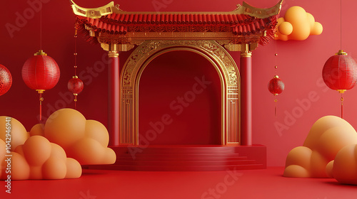 Red background with a Chinese-inspired design. Chinese New Year card design for product display presentation. 3d podium stage in the Chinese style background. Wonderful red podium. Copy space