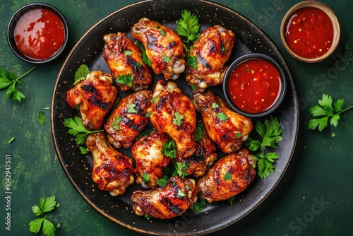 Grilled chicken wings on black plate. Perfect for food blogs, restaurant menus, or advertisements for chicken dishes.