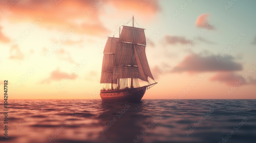 Obraz premium Sailing ship on calm waters at sunset, serene maritime scene