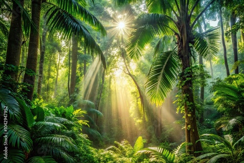 Lush jungle foliage and sunlight streaming through the tall trees