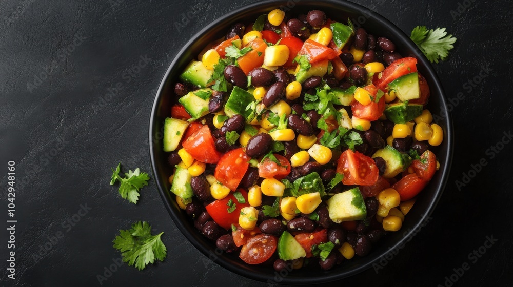 Illustration of a black bean and corn salad in a black bowl, soft-focus background, diced tomatoes and avocado, vibrant colors, balanced arrangement. Illustration of a black bean and corn salad in a black bowl, soft-focus background, diced tomatoes and avocado, vibrant colors, balanced arrangement.