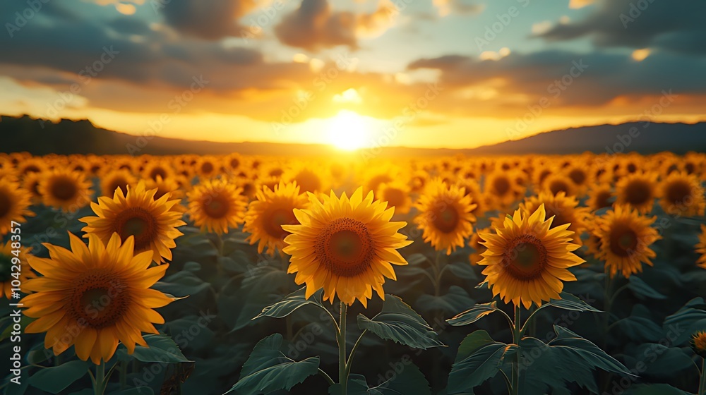 Fototapeta premium A vast field of sunflowers basking in the golden glow of a setting sun, with mountains in the distance and a vibrant sky.