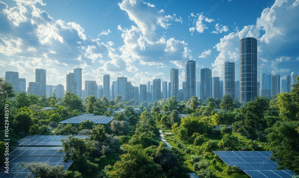 Fototapeta premium Solar-powered cities with advanced energy systems, sustainable future technology, 3D illustration