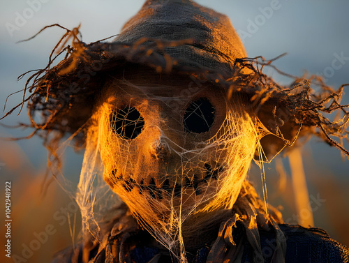 A spooky scarecrow surrounded by cobwebs, creating a haunting atmosphere in a field during sunset. photo