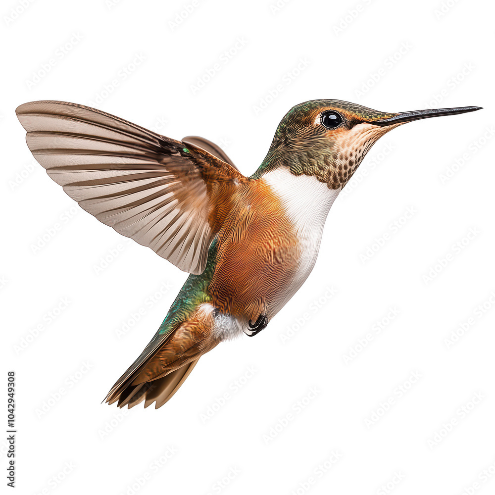 Fototapeta premium Colorful hummingbird in mid-flight, showcasing vibrant plumage isolated on transparent background.