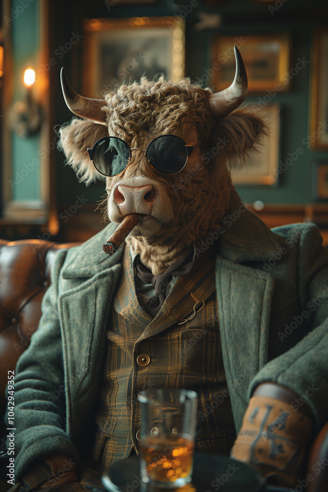 Obraz premium A bull in a stylish jacket and glasses smokes a cigar in a bar