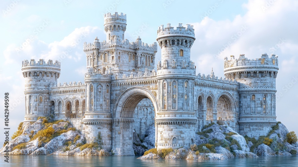 Naklejka premium A majestic castle on an island surrounded by water and clouds.