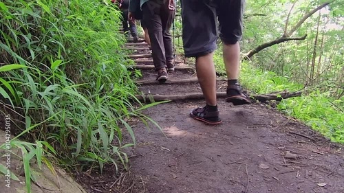 Stepping together on a natural staircase on a mountain