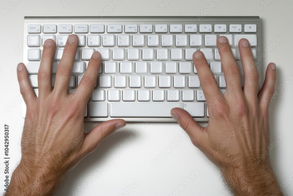 Hands typing on a white keyboard, emphasizing technology and communication. Hands typing on a white keyboard, emphasizing technology and communication.