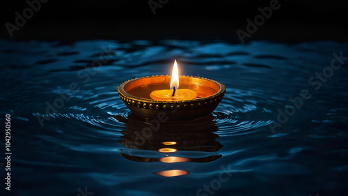 Diwali oil lamp floating on water at night 