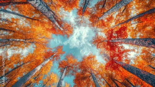 A low angle view of a forest canopy with vibrant red and orange leaves against a blue sky.