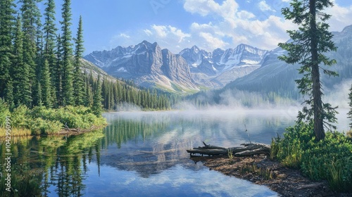 A serene mountain lake with mist rising from the water, reflecting the surrounding peaks and forests.