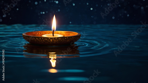 Floating Diwali oil lamp Diya on water at night 