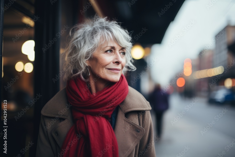 Portrait of smiling senior woman with red scarf on city street at night Portrait of smiling senior woman with red scarf on city street at night
