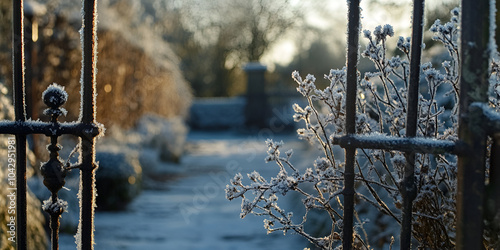 Icy Gate and Frosted Branches on Winter Morning