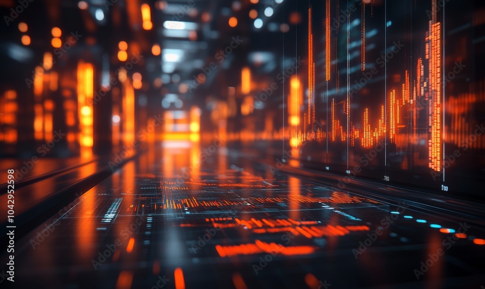 Glowing stock chart floating in a dark financial room, high-tech trading concept, 3D illustration