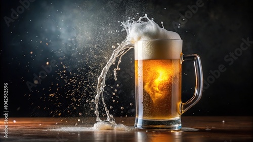 Dynamic splash of draft beer in tall frosted mug