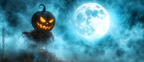 Spooky Halloween pumpkin with glowing eyes, foggy night sky, and full moon in the background. photo