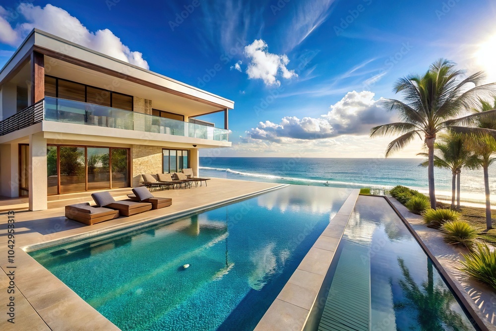 Fototapeta premium Luxurious beachfront villa with infinity pool overlooking the ocean