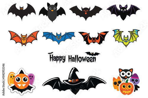 Happy Halloween day vector art collection. Cool collection of spooky ghost, bats set. Adorable Halloween festival elements for decoration, prints.